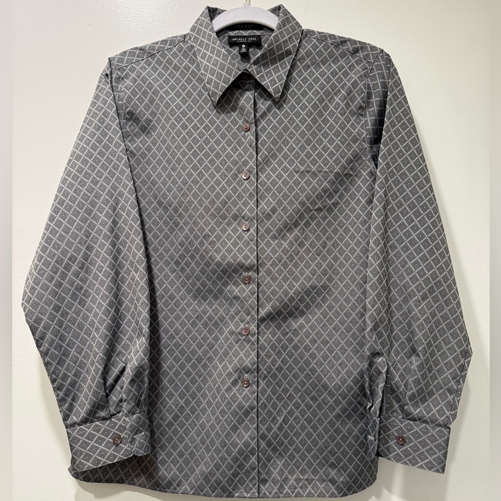 Foxcroft Wrinkle Free Classic Fit Grey Geometric Diamond Pattern Long Sleeve